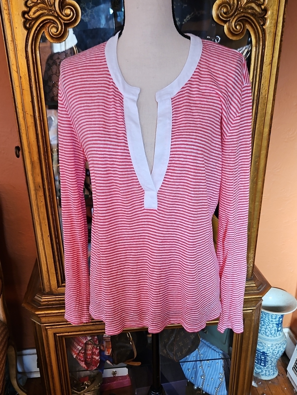 Vineyard Vines Red and White Striped Long-Sleeve Split V Linen Top